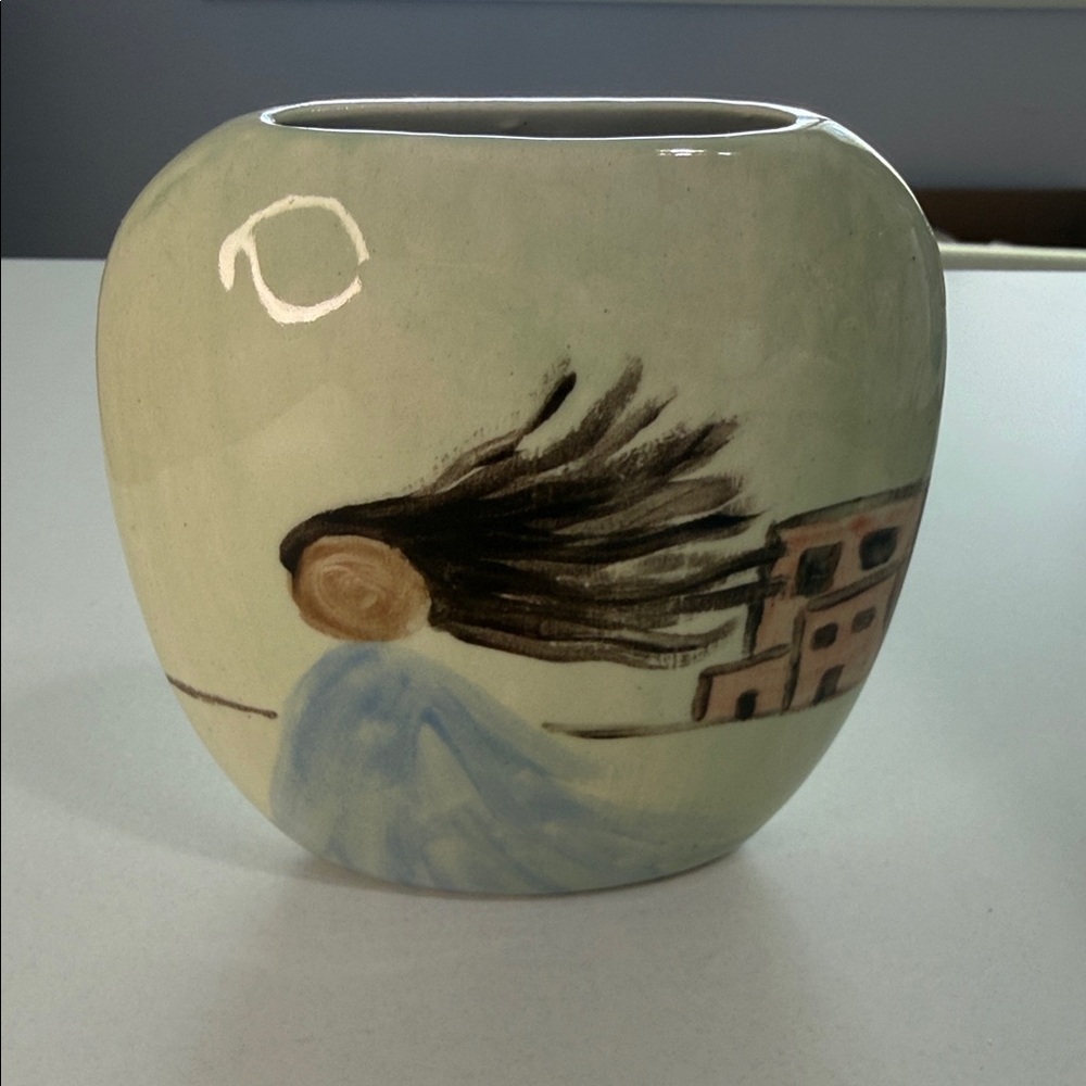 Vintage Signed Artistic Ceramic Unique Shape Vase with Figure Flowing Hair